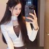Spicy Color Block Patchwork Thermal Long Sleeve Top - Unique Hollow Out Two-Piece Layer Shirt for Women