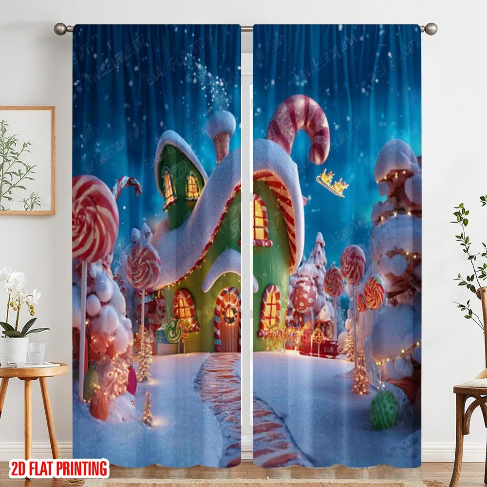 2pcs,2D Plane Printing Minimalist Curtains Christmas Red Truck Versatile Durable Polyester (without Rod) Holiday Ldeal for
