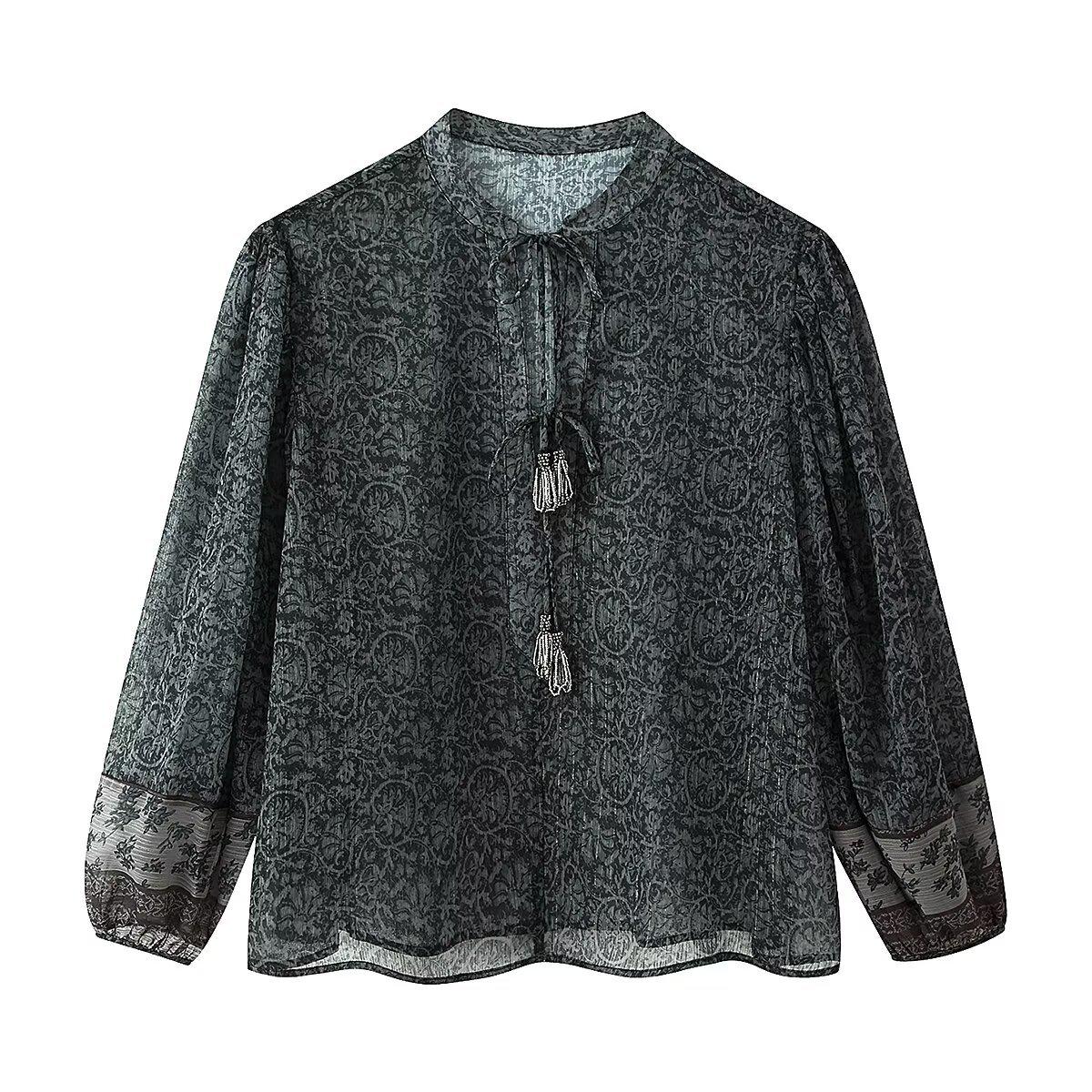 TAOP&ZA Women s Retro Metallic Thread Print Shirt - 2026 Spring Collection Medium