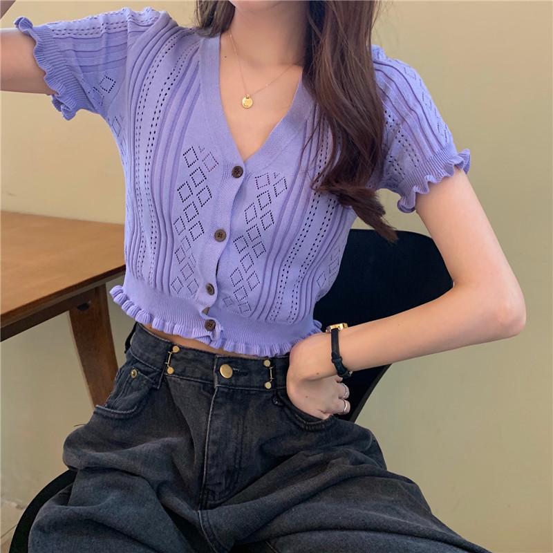 Summer New Style Korean Style Versatile Slim Short Top V-neck Slimming Hollow Short-sleeved Sweater for Women