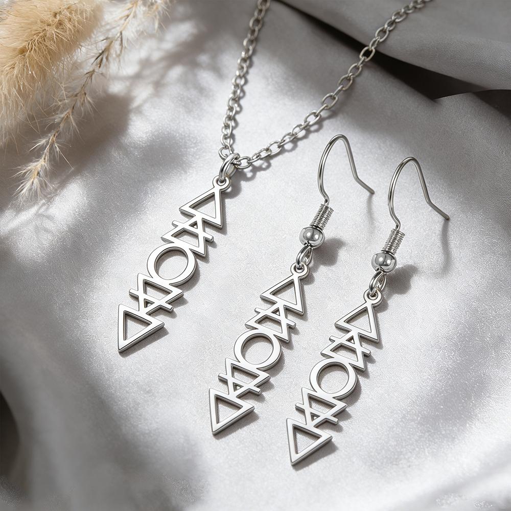 Dawapara Four Elements Necklace Earrings Jewelry Set Water Fire Air Earth Symbols Alchemical Pendant Stainless Steel Jewelry