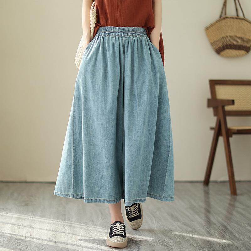 

Джинсовые брюки-кюлоты больших размеров, женские, укороченные, с заниженной талией, широкие брюки 2XL светло-синий