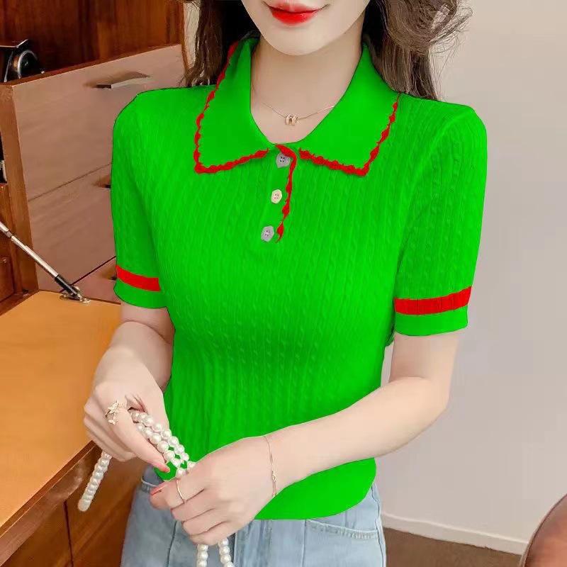 Women's Color Block Polo Collar Ice Silk Knit Top - Summer 2025 Edition