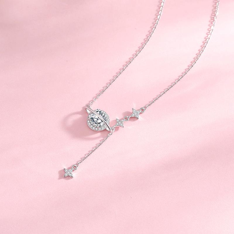 Galaxy Universe S925 Sterling Silver Necklace with Cubic Zirconia Star Tassel for Women