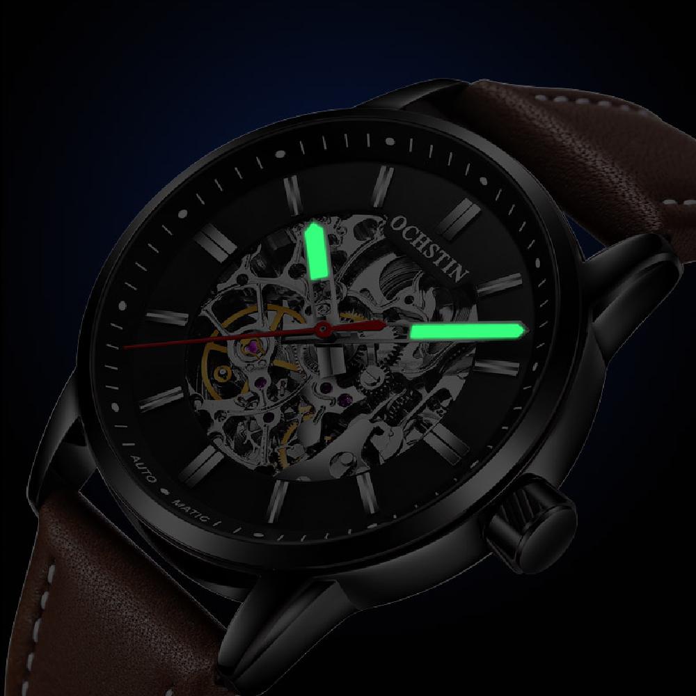 OCHSTIN Mechanical Watch Men Skeleton Steampunk Automatic Self Wind Classic Leather Strap Luminous Male Wristwatch Reloj Hombre