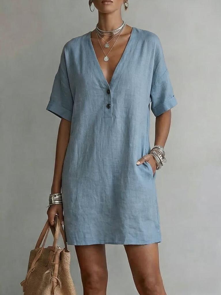 Casual Solid Color Loose V Neck Short Sleeve Button Pocket Midi Dress For Women