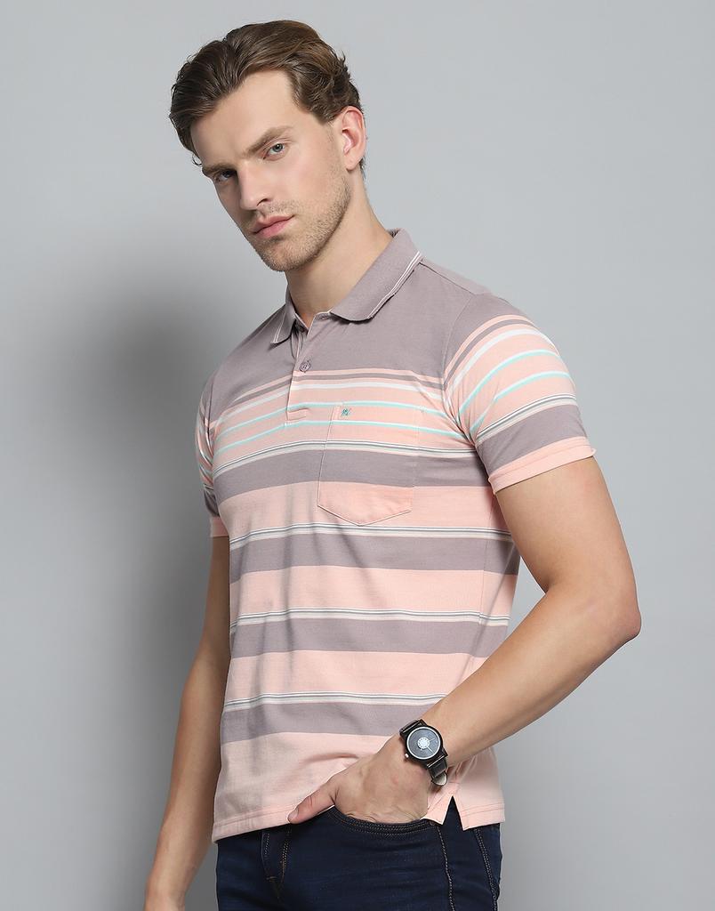 MONTE CARLO Mens Striped Peach Collar Neck Half Sleeve T-Shirt