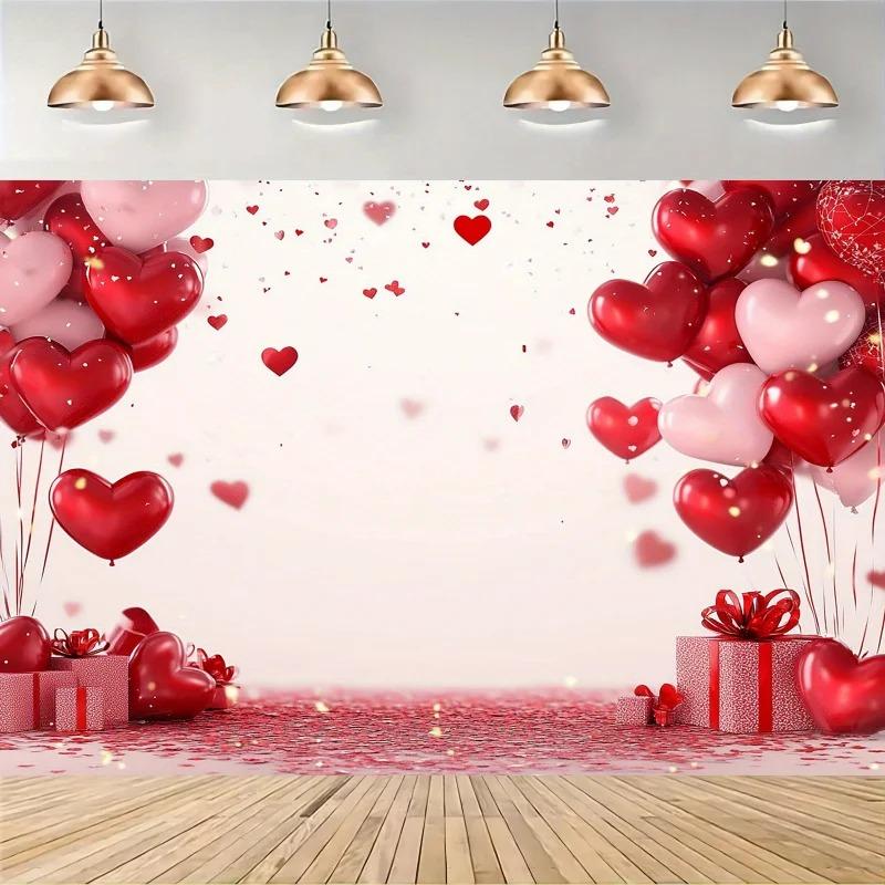 Atmospheric Red Heart Balloon Tapestry Peach Skin 2D Flat Printed Wall Hanging Romantic Valentine Day Decor for Bedroom Wedding