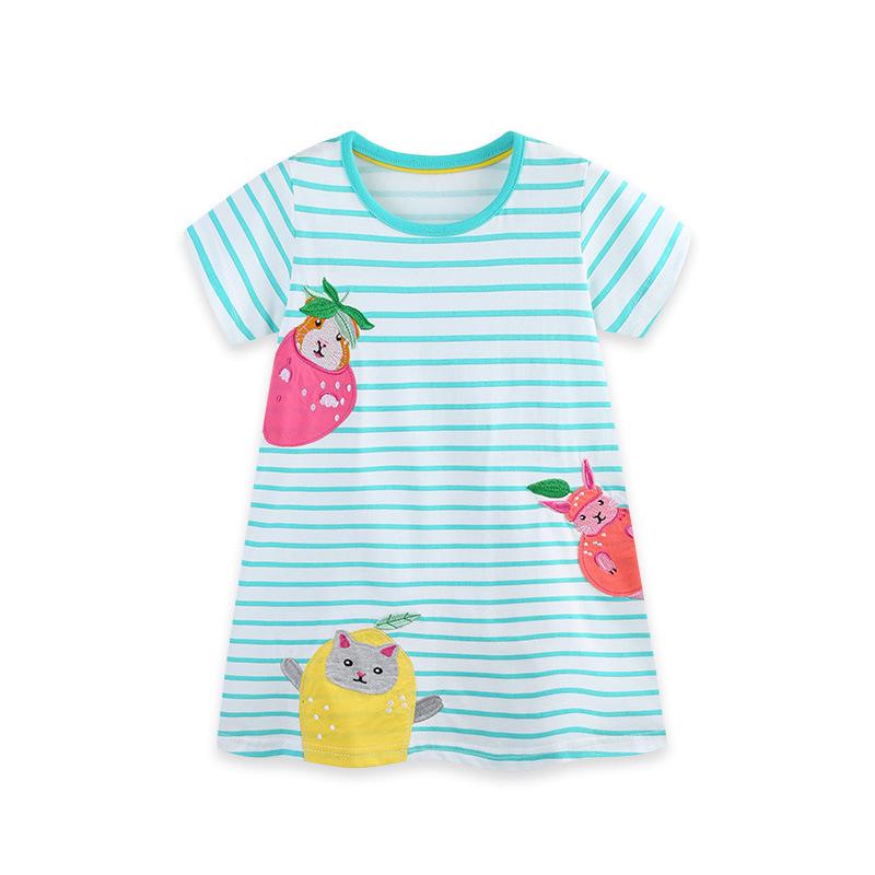 European Style Striped Girls' Princess Dresses with Animal Embroidery – Short Sleeve Summer Dress