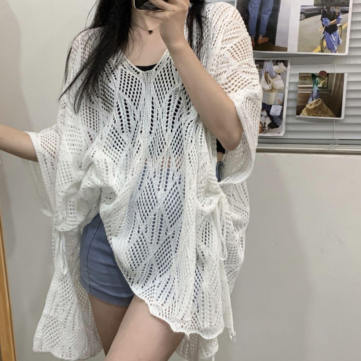 

Unique Hollow-out Knitted Pullover: Summer Loose Women s Cardigan Top One Size [90-150] алмаз/білий