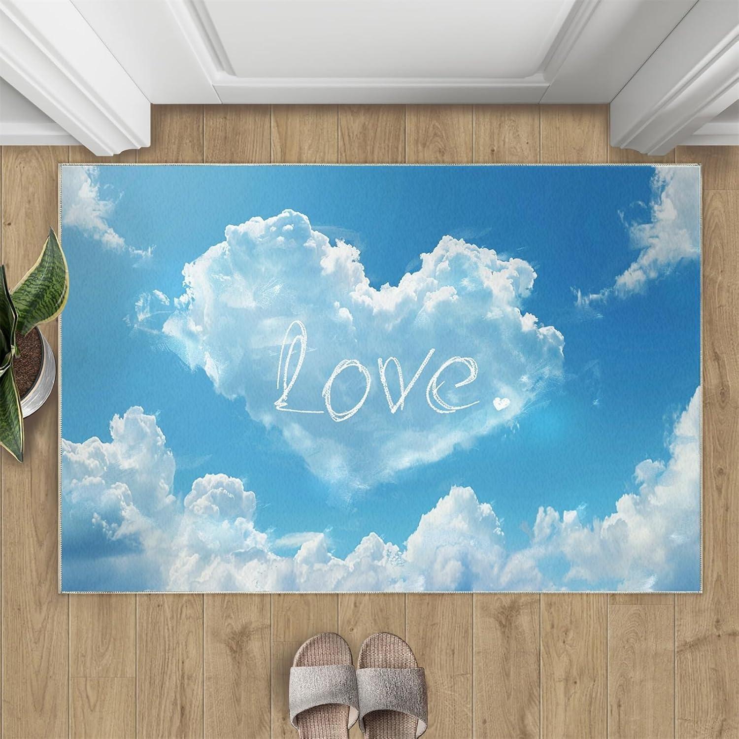 

Love Cloud Door Mat Heart Shape Blue Sky Entrance Rug Cute Welcome Mat Indoor Non-Slip Home Hallway Floor Decor Romantic Gift 40cm x 60cm