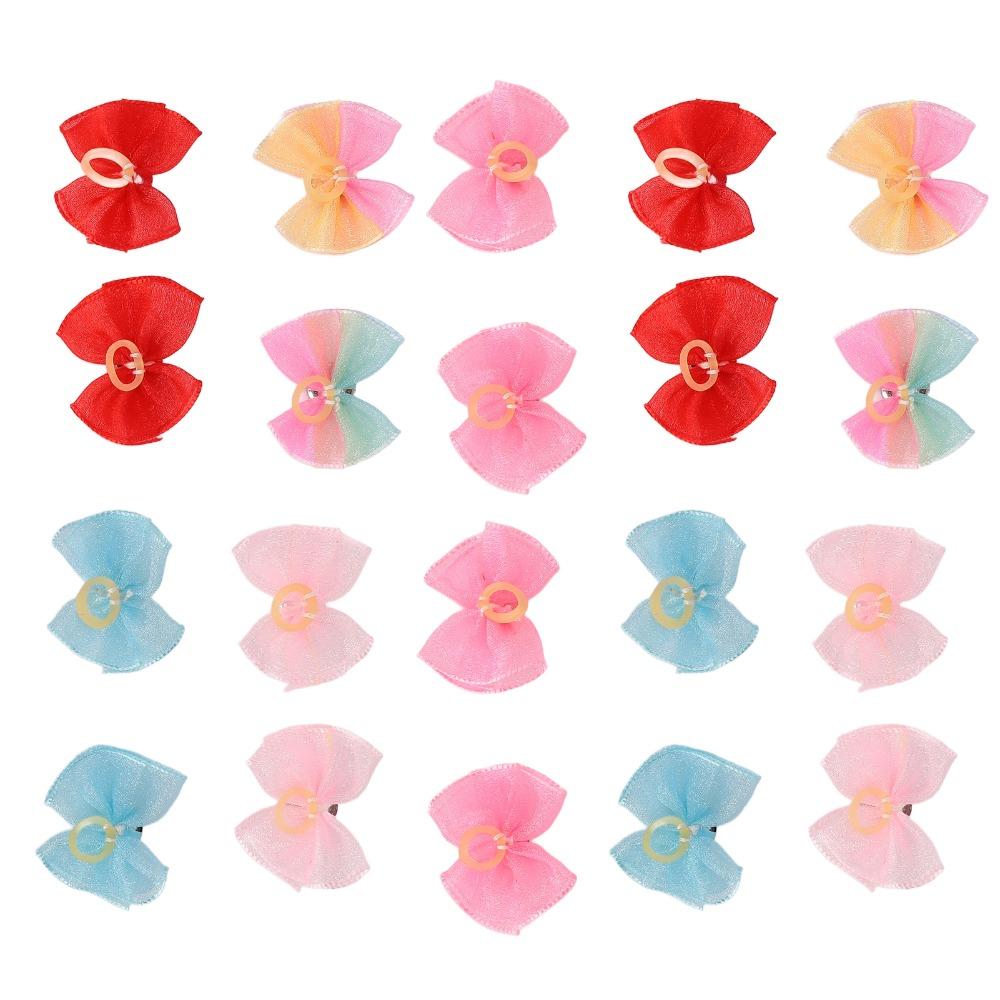20pcs Organza Ribbon Dog Bow Hair Ties Rhinestone Inlay Pet Bow Rubber Bands Dog Beauty Styling