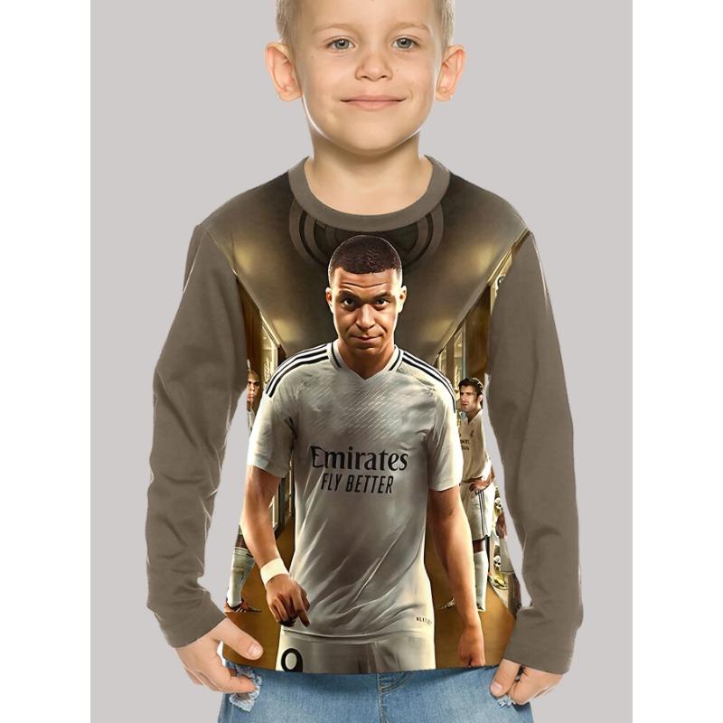 Spring and Autumn Round Neck 3D Football Star Kylian Mbappé Pattern Printed Top Fashionable Casual Long Sleeved Children's Boy T-shirts