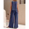 Women Solid 2 Piece Outfit, Round Neck Sleeveless Tank Top + Wide Leg Pants, Casual Matching Set