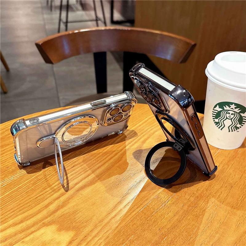 Luxury Plating Flash Mirror Clean Frame Bracket Stand Phone Case For iPhone 11 13 14 15 Plus 16E 16Pro Max Lens Protective Cover