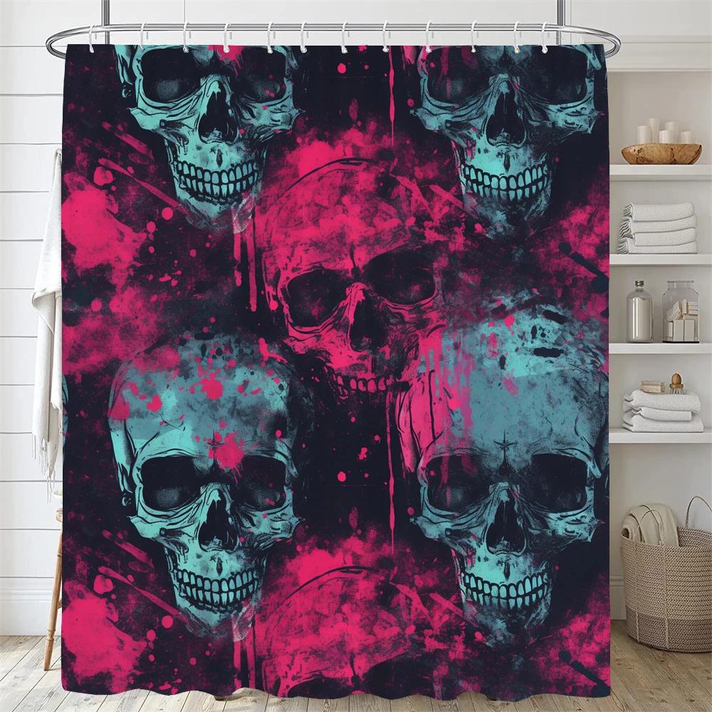Personality Flowers And Horror Skeleton Skull Shower Curtain Polyster Fabric Home Decor Halloween Bathroom Curtain With Hooks