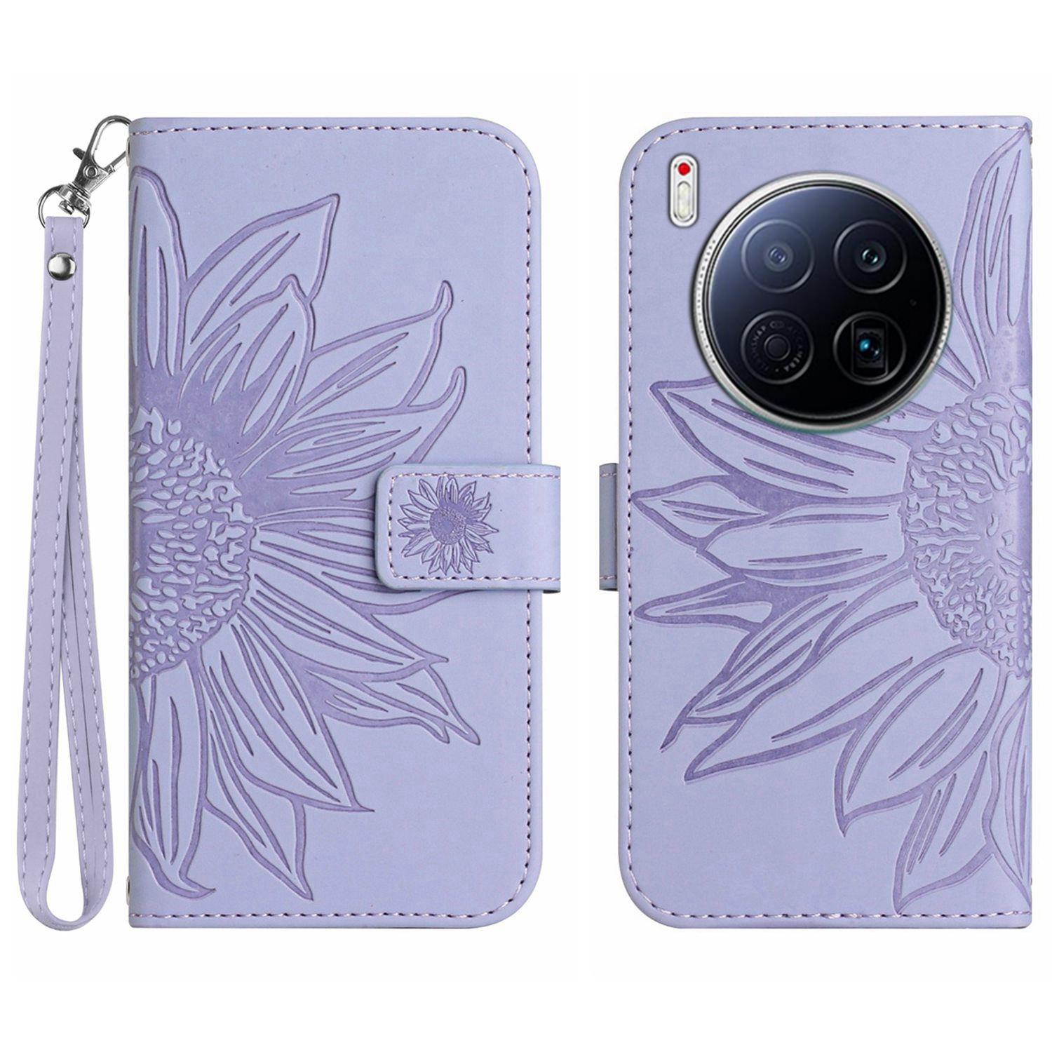 

For TECNO Camon 40 Premier 5G Case Sunflower Imprint Leather Wallet Phone Cover with Wrist Strap Light Purple