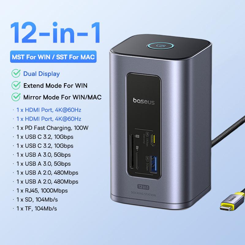 Baseus 11-в-1 USB C Хаб HDMI DP 4K@60Hz MST Тройной Дисплей USB 3.2 Сплиттер с RJ45 3.5мм Микрофоном PD100W Магнитная Док-станция