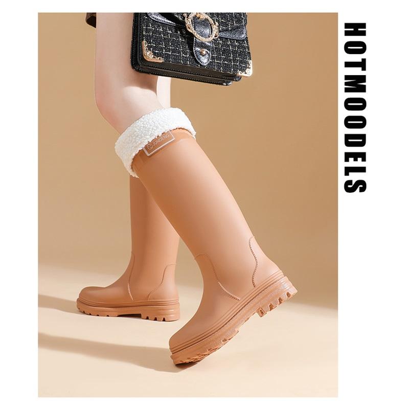 Damen Modische Lässige Outdoor Samt Warme Hohe Stiefel Regenschuhe Gummischuhe