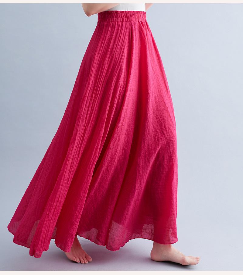 "Mori Girl Plus Size Cotton-Linen Elastic Waist A-Line Skirt, Ethnic Style, 24 Solid Colors"