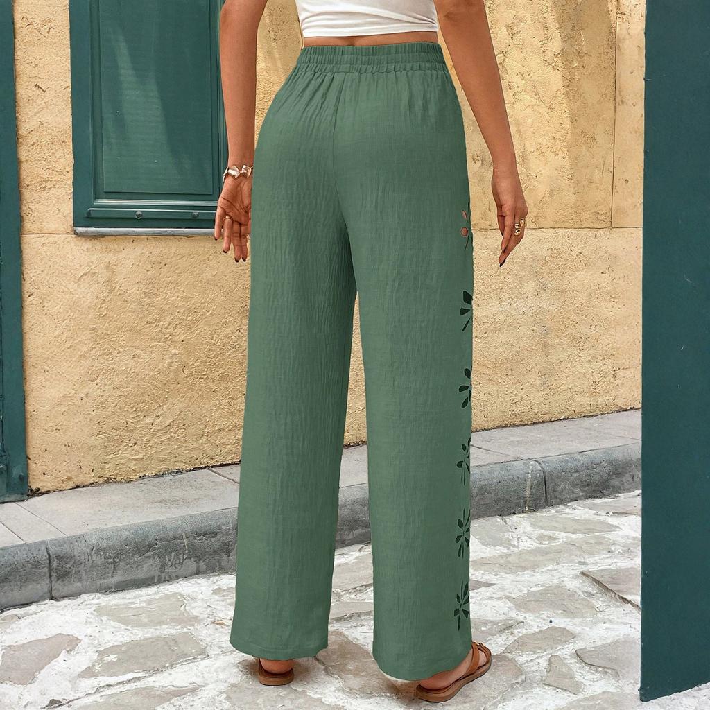Women’s Loose Fit Wide Leg Drawstring Pants with Floral Cutout Design Lightweight Casual Trousers for Daily Wear