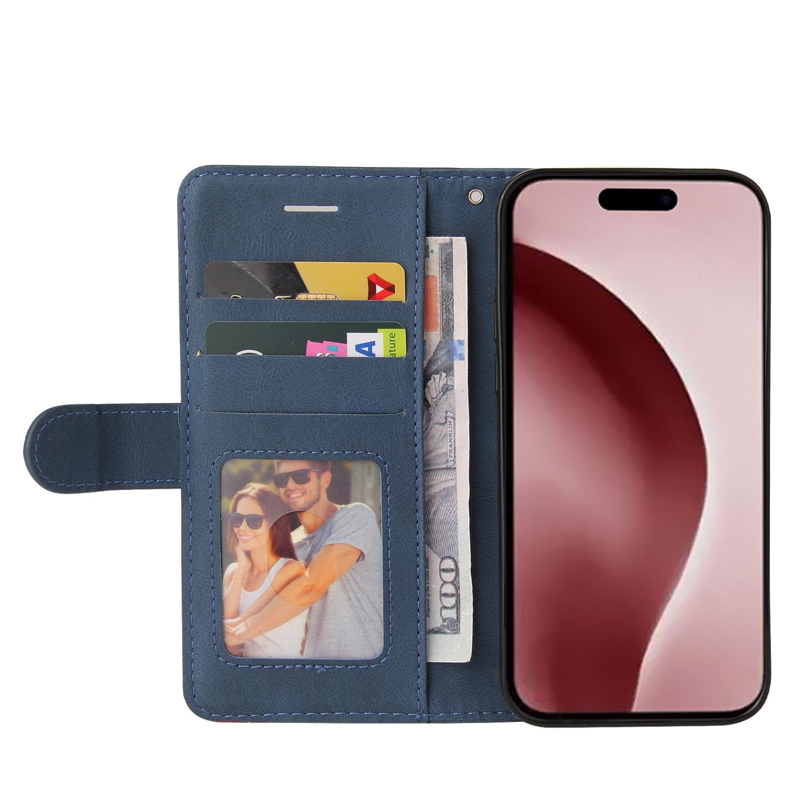 

For iPhone 16 Pro Leather Case Wallet Stand Color Splicing Phone Cover Blue