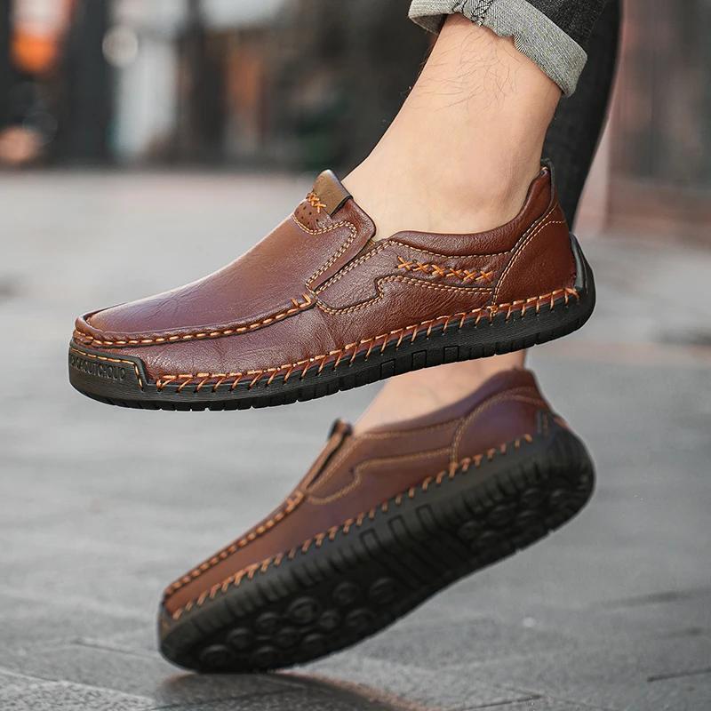 Fashion Brand Casual Business Leather Shoes Men's Handmade Platform Loafers Outdoor Anti Slip Comfortable Luxury Lazy Shoes Large Size