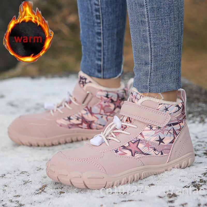 Kids Barefoot Snow Boots Waterproof Wide Toe Cotton Shoes Winter Warm Fur Lined Shoe for Boys Girls Cold Weather Outdoor Sneaker
