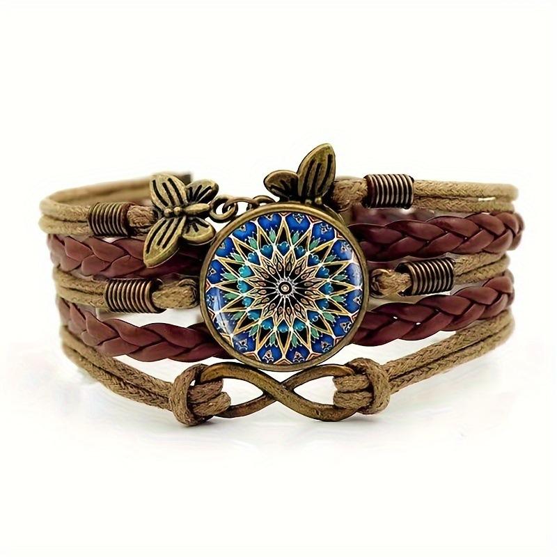 Yoga Mandala Flower Bracelet Female Vintage Handwoven Multilayer Leather Hand Rope Time Gem Butterfly Hand Jewelry