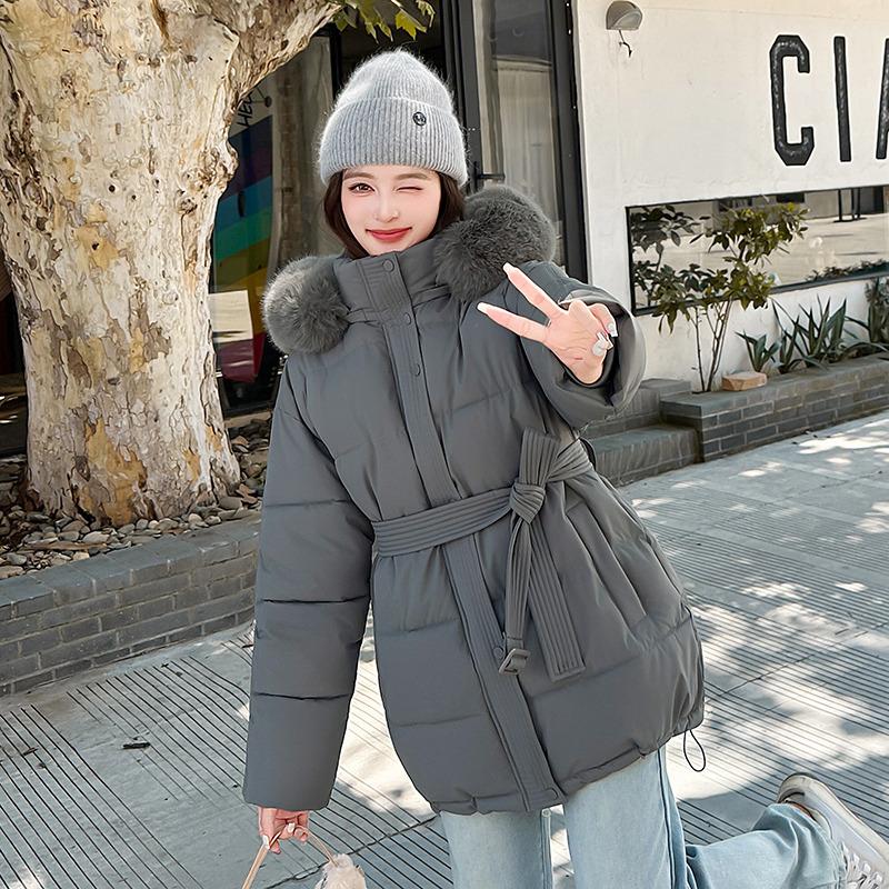 Women’s Short Big Fur Collar Hooded Windproof Thicken Warm Winter Jacket With Belt