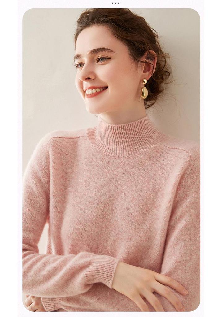Women's Cashmere Half High Neck Sweater – Thick, Solid Color, Loose Fit for Autumn/Winter.