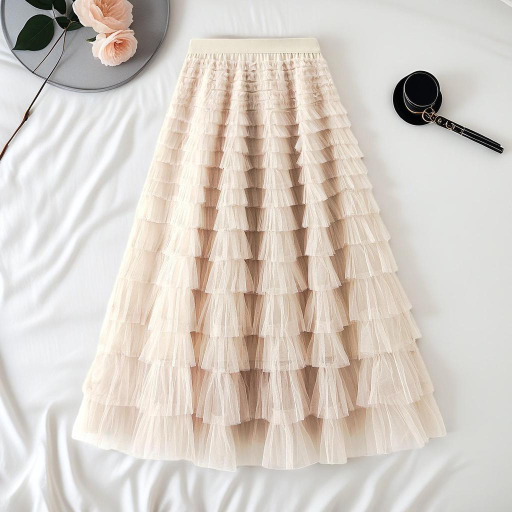 Autumn French Elegance: Women's High Waist Mesh Cake Skirt
