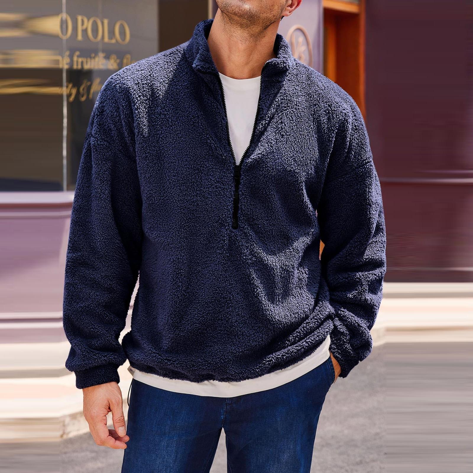 

Men s New Fall And Winter Hoodie Pullover Long Sleeve Hem Drawstring Plush Male Stand Collar Half Zipper XL