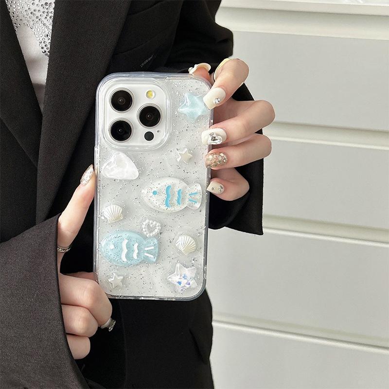 Ocean Fresh Ins Style Mobile Phone Case for IPhone17 Shell Silver Foil Glitter for Apple15Promax Fish