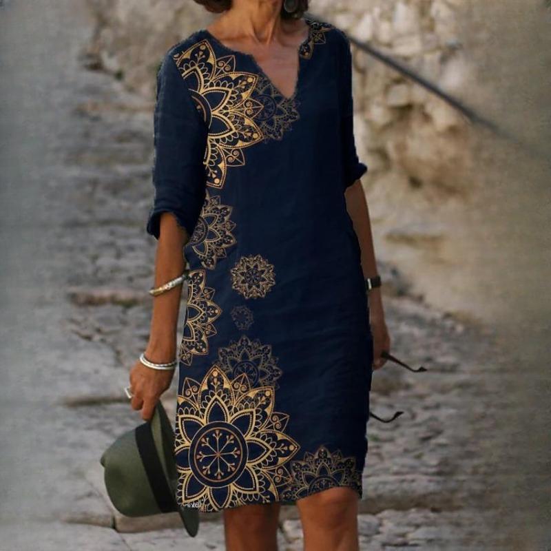 IHUASU Damen Sommer Bedruckt Lose Bambusfaser Leinen Blumen Kurzarm Damen Vintage Literatur Rundhals Fünf Punkte Ärmel