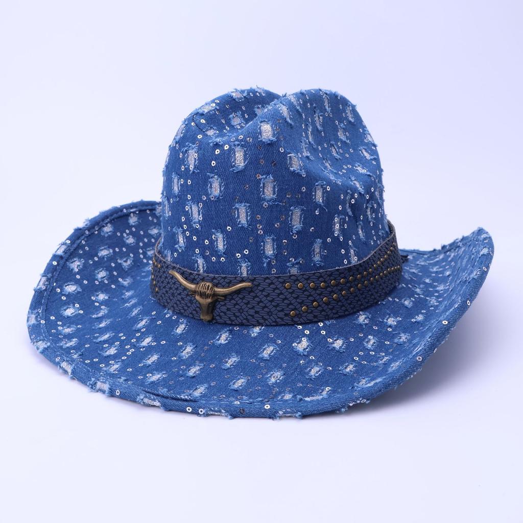High-Quality Old Denim Ripped Western Denim Hat Fashionable Black Cow Head Belt Jazz Hat European And American Style Top Hat