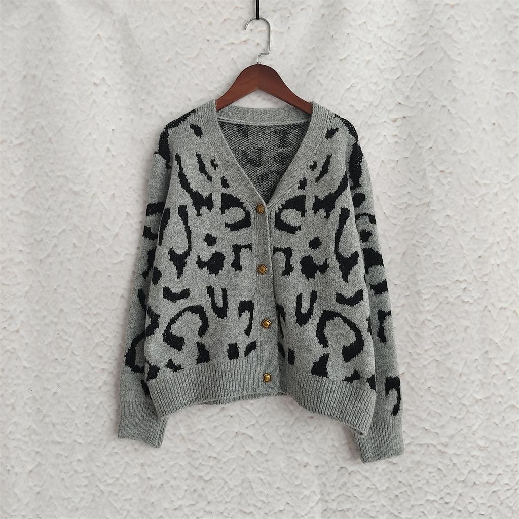 Autumn and winter new leopard print short sweater women's cross-border V-neck casual knitted cardigan top 3580 KTB