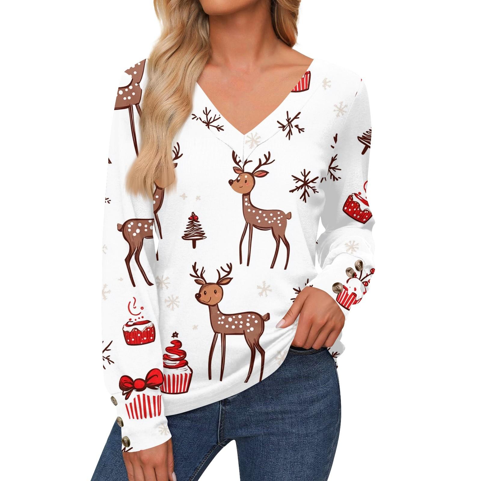 

Жіноча повсякденна модна різдвяна сорочка з манжетами і манжетами з довгими рукавами з V-подібним вирізом, повсякденні вільні футболки L