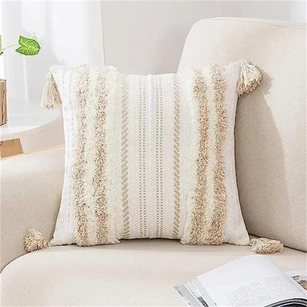 Homaxy Bohemia Pillow Case 50x50 For Sofa Pillow Cover Striped Tassel Decor Cushion Cover Furry Boho Pillowcase Aesthetic 45x45