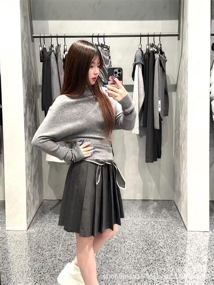 College Style A-line Pleated Skirt with Waistband Tie - Autumn/Winter Collection L серый