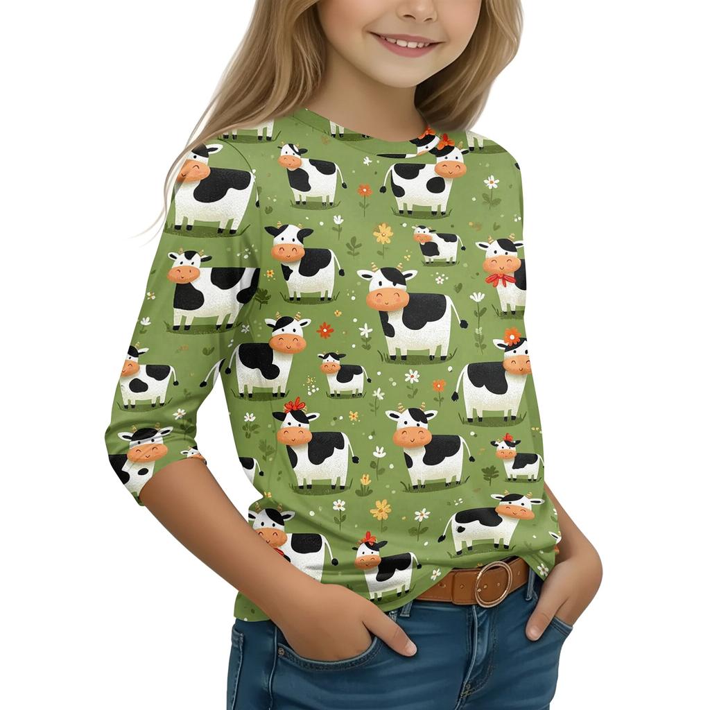 Children's Three-Quarter Sleeve Round Neck Top with Animal Print for Casual Daily Wear