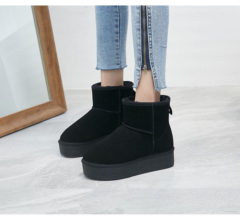 Women's Korean Style Thick Sole Hidden Heel Snow Boots: Genuine Leather, Fleece-Lined, Warm Ankle Boot for Versatile Winter Wear.