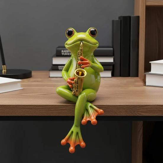 Yousheng Frog Musician Statue Hand-Engraved Frog Ornament with UV Coating Mini Resin Figurine Playing Musical Instrument Garden Decor