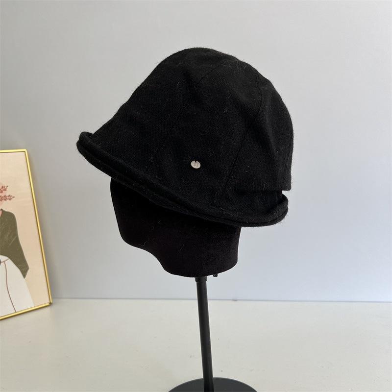 

Шерстяная ретро теплая шапка-панама женская осенне-зимняя модная литературная и с передовым чувством с короткими полями модная маленькая шапка-ведро M（56-58cm） чёрный