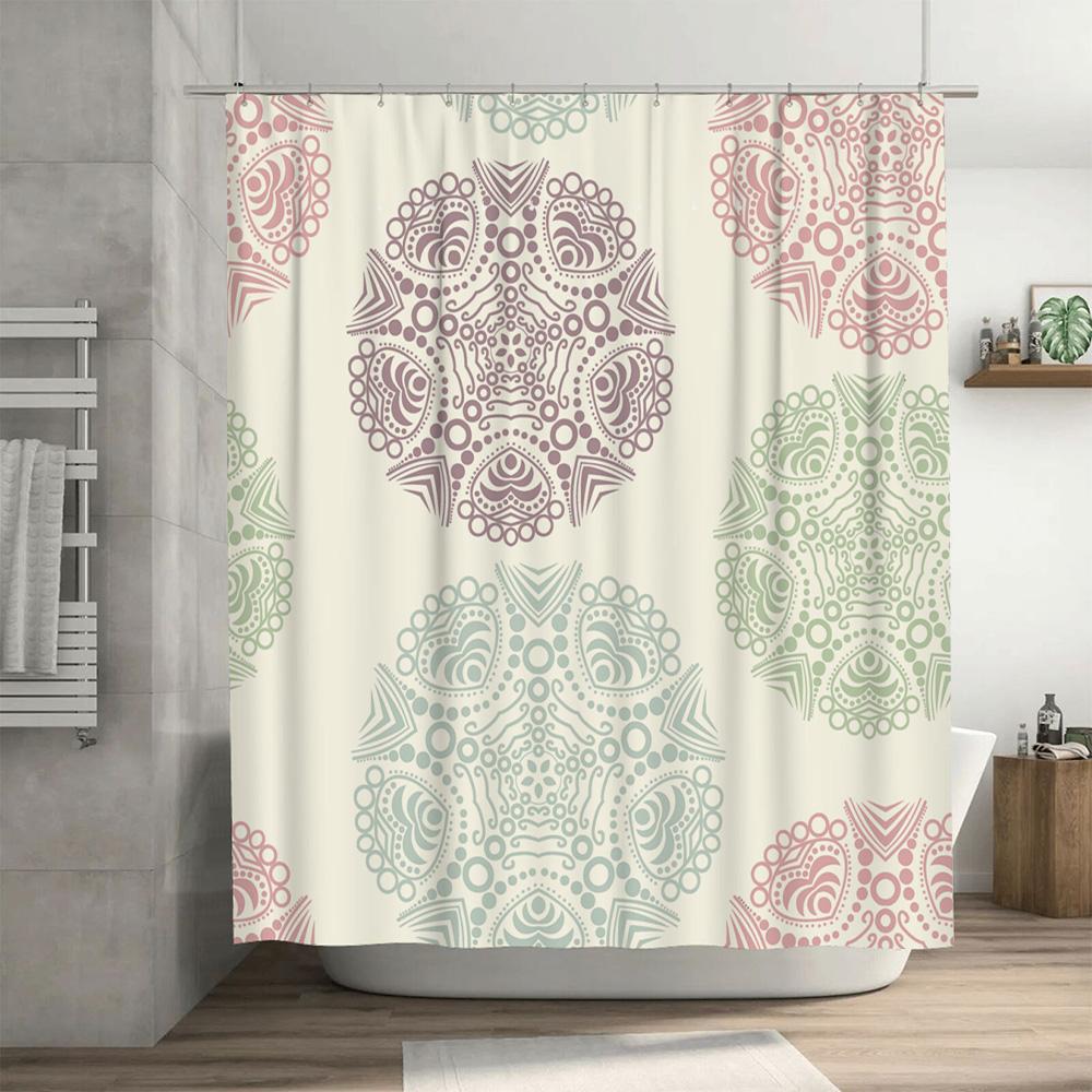 Beautiful Mandala Pattern Shower Curtain Set for Bathroom Decor Pink, Green Beige Colors Included with Hooks 72x84 inches Size
