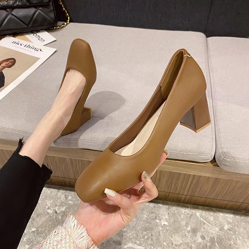 French temperament square head soft leather high heels professional shoes thick heel fairy style spring and autumn shoes grandma shoes