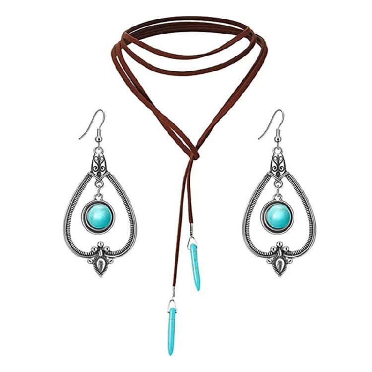 

Bohemian Jewelry Set for Women Western Turquoise Jewelry for Women Bohemian Turquoise Pendant Choker Necklace Earrings