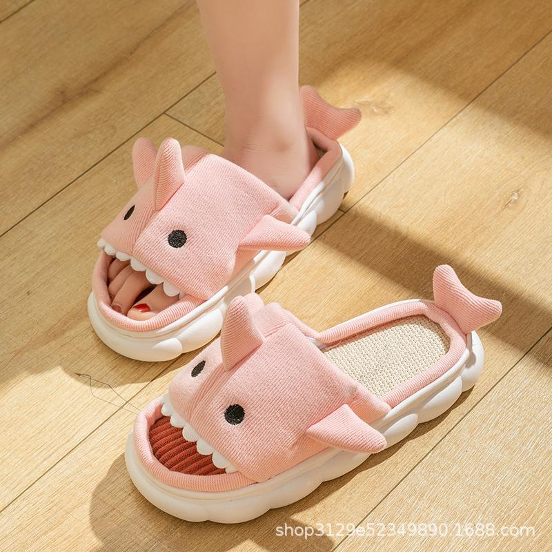 Fashion Women's Linen Slippers Shark Autumn Winter 2025 Cartoon Slippers Closed Toe Non Slip Women Indoor Bedroom Comfort House Slippers