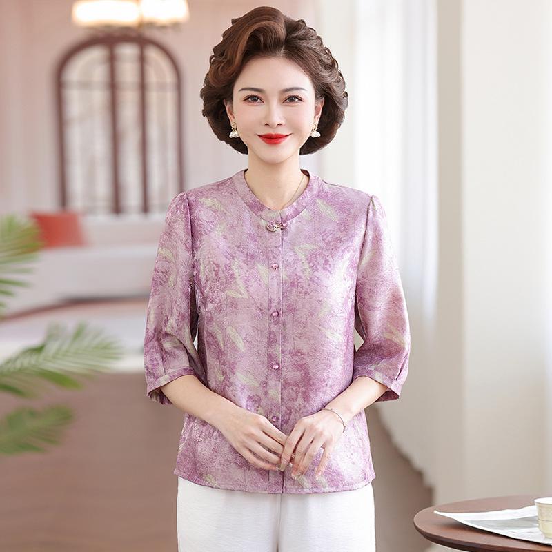 Round Neck Imitation Silk Summer Shirt for Middle-Aged and Elderly Women