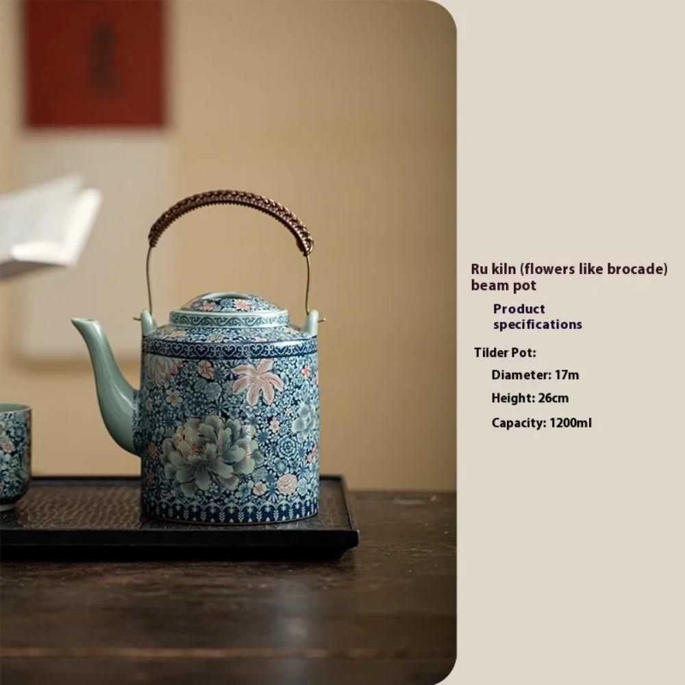 Ru Kiln Pinch Gold Flowering Like Brocade Lifting Beam Pot  Kung Fu  Large-capacity Brewing Teapot with Filter Tea Infuser